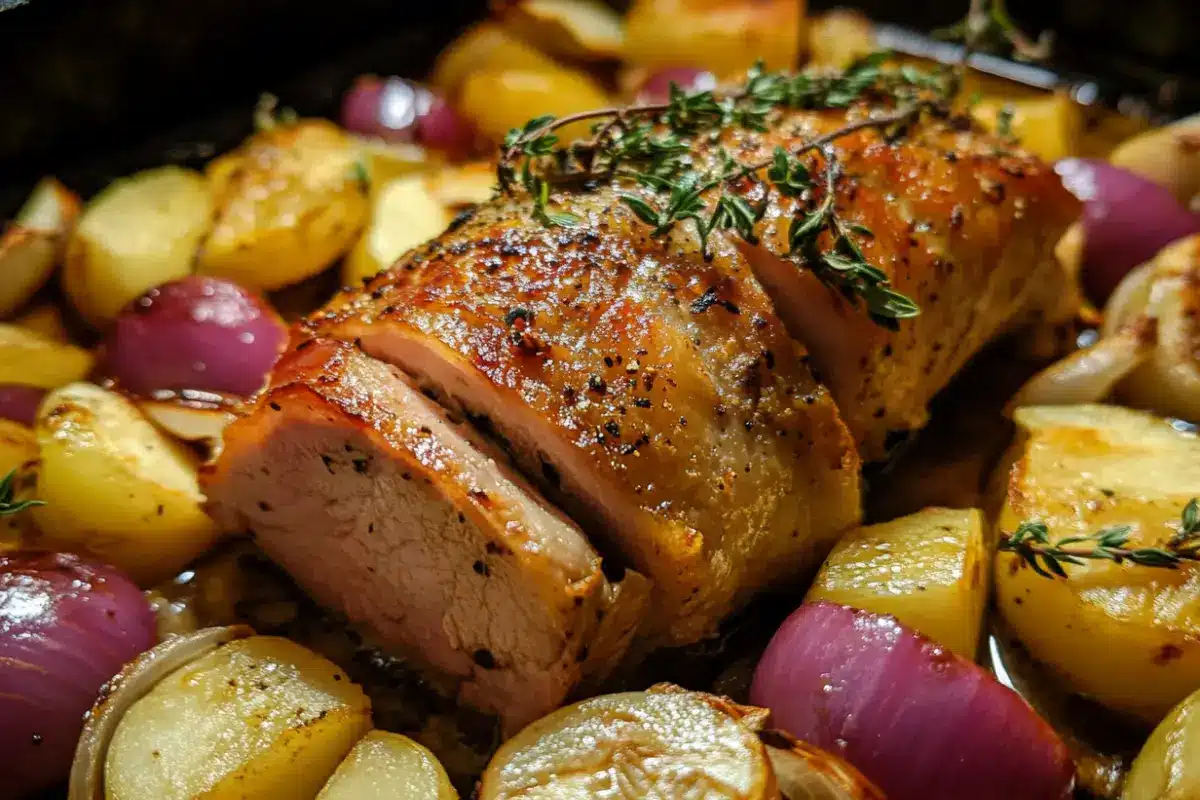 Roasted Pork Loin with Apples and Onions recipe