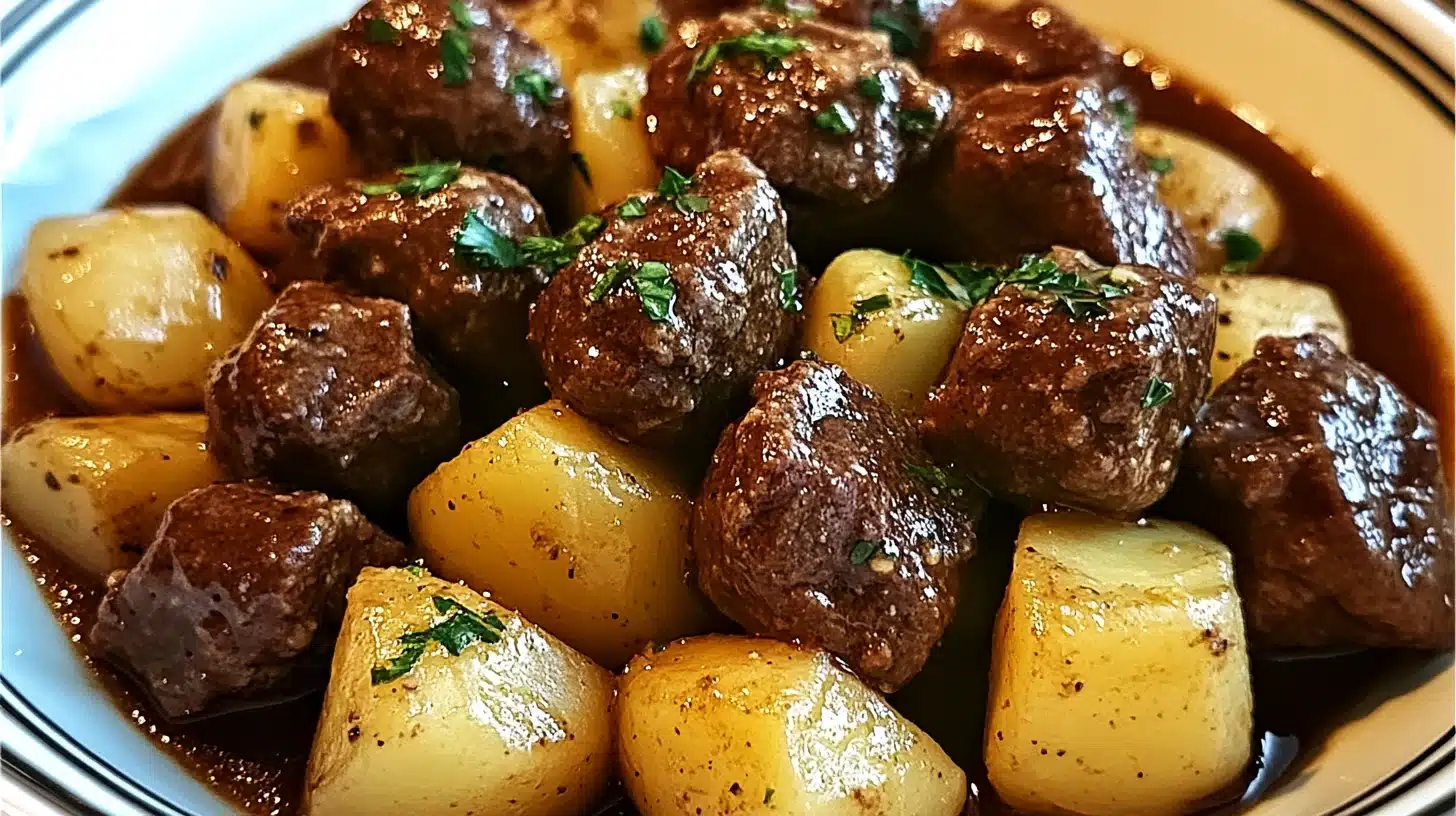Slow Cooker Garlic Butter Beef Bites & Potatoes