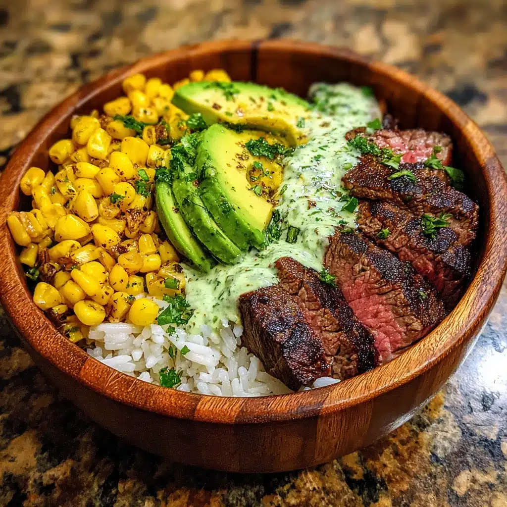Steak, Avocado, and Roasted Corn Bowl with Cilantro Cream Sauce