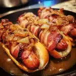 Bacon-Wrapped Hot Dogs with Bourbon-Infused Onion Sauce