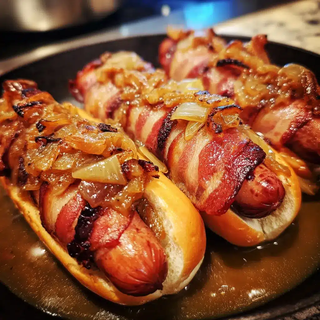 Bacon-Wrapped Hot Dogs with Bourbon-Infused Onion Sauce
