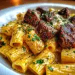 Cajun Steak Tips in Cheesy Rigatoni Parmesan Sauce