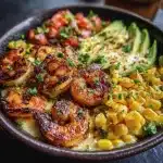 Grilled Shrimp Bowl With Avocado Corn Salsa Creamy Garlic Sauce