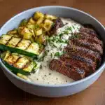 Grilled Steak Bowl With Creamy Sauce & Grilled Zucchini