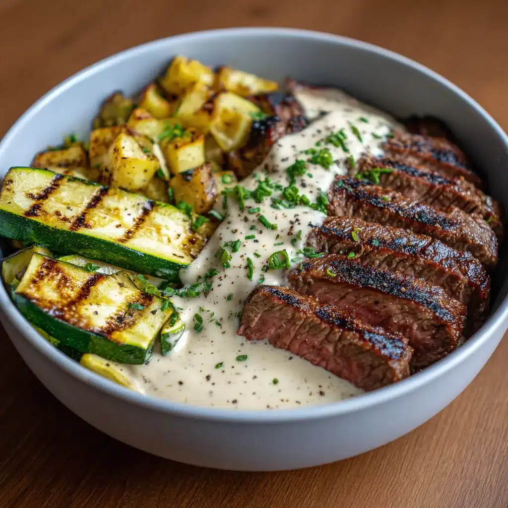 Grilled Steak Bowl With Creamy Sauce & Grilled Zucchini