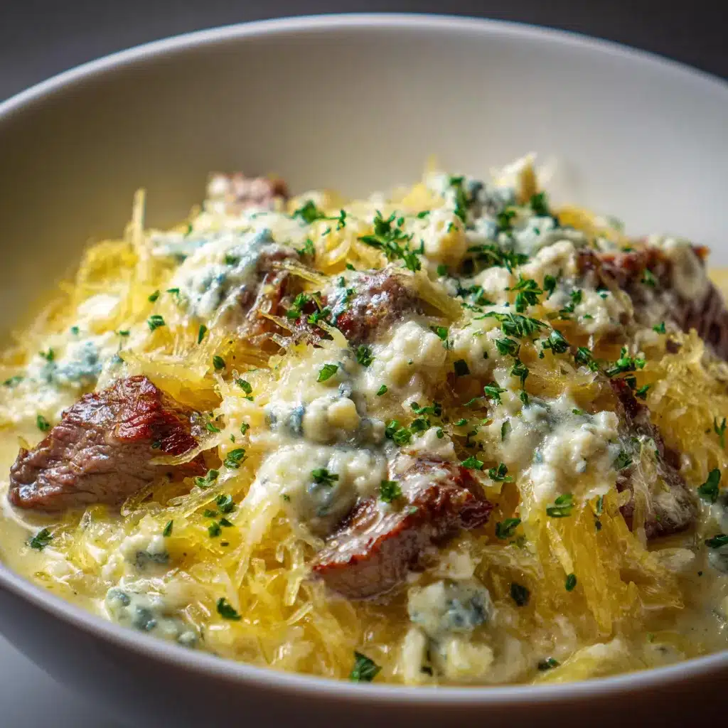 Keto Low Carb Steak Gorgonzola Alfredo Spaghetti Squash