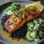 Miso Salmon with black rice and coconut cucumber salad