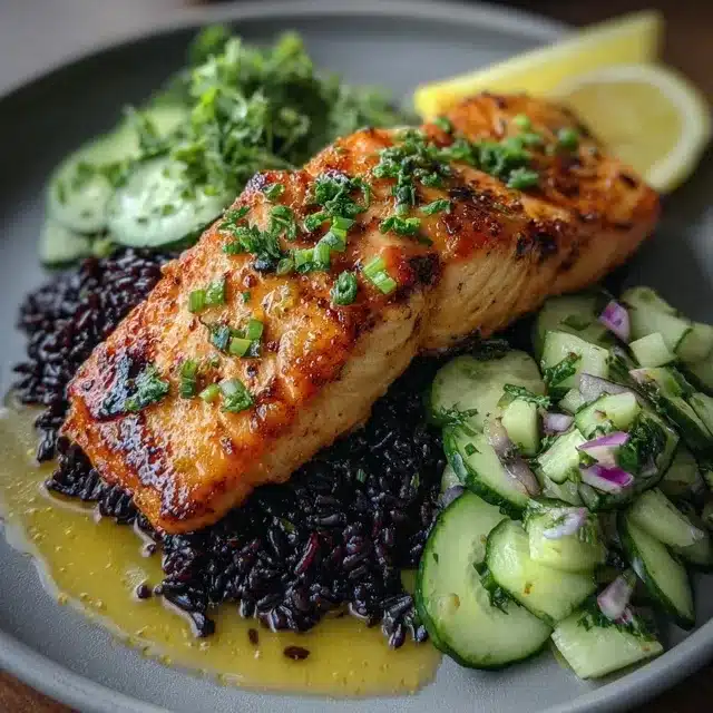 Miso Salmon with black rice and coconut cucumber salad