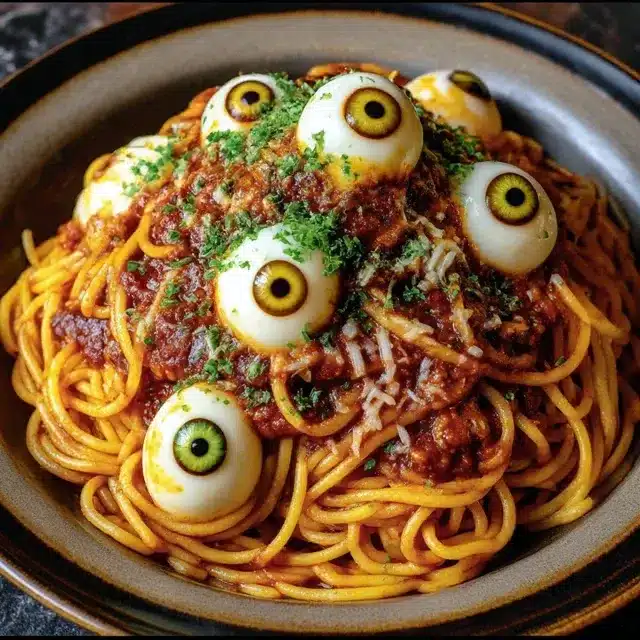 Spaghetti with Mozzarella Eyeballs