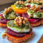 Sweet Potatoes With Burrata, Roasted Beets, And Walnut Sage Pesto
