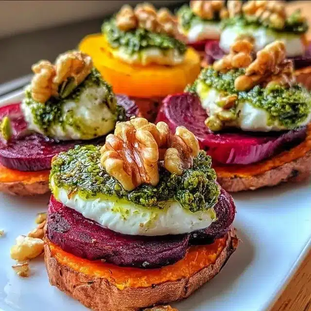 Sweet Potatoes With Burrata, Roasted Beets, And Walnut Sage Pesto