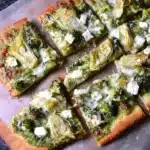 Green Pizza with Pesto, Feta, Artichokes, and Broccoli