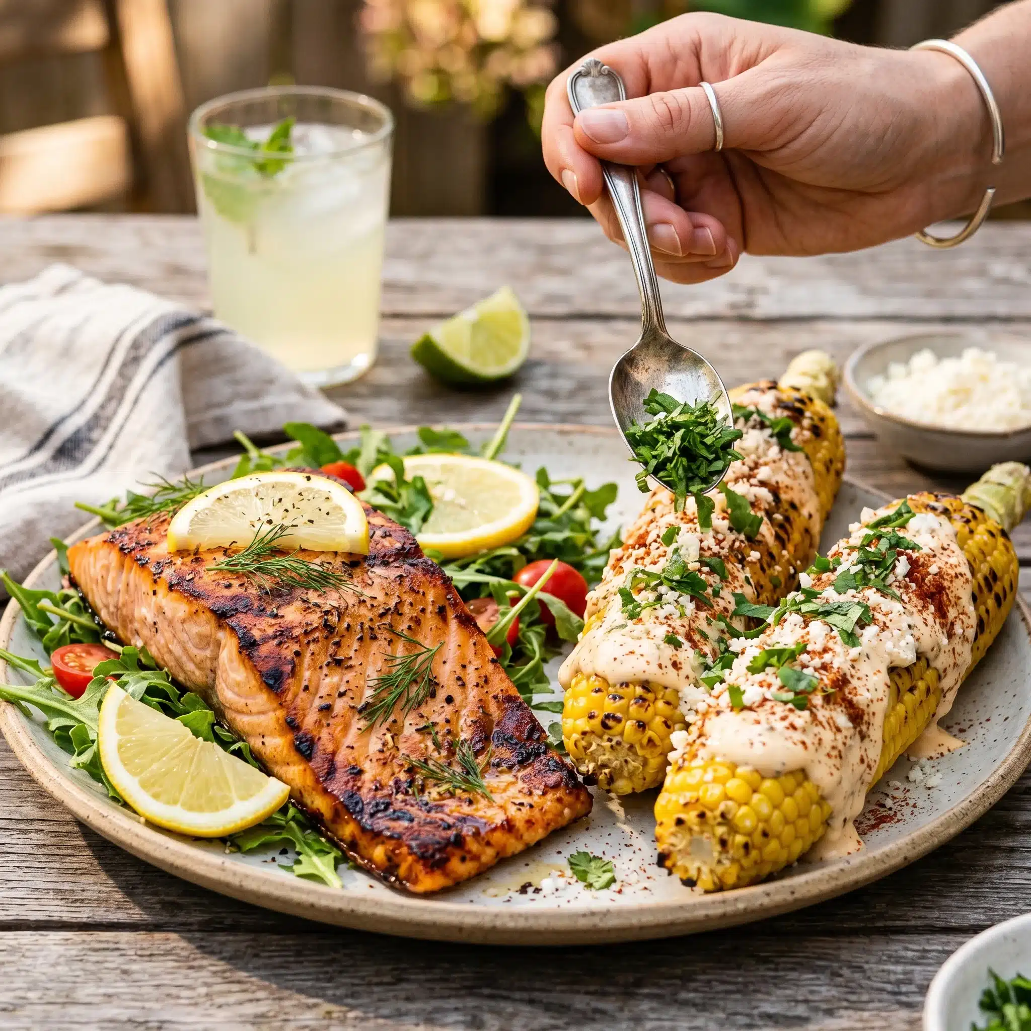 Grilled Salmon & Elote Corn